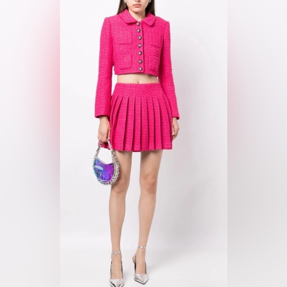 Self Portrait Boucle Tweed Cropped Jacket In Fuschia a pink NWT - Picture 2 of 11